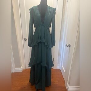 Green layered open back maxi dress